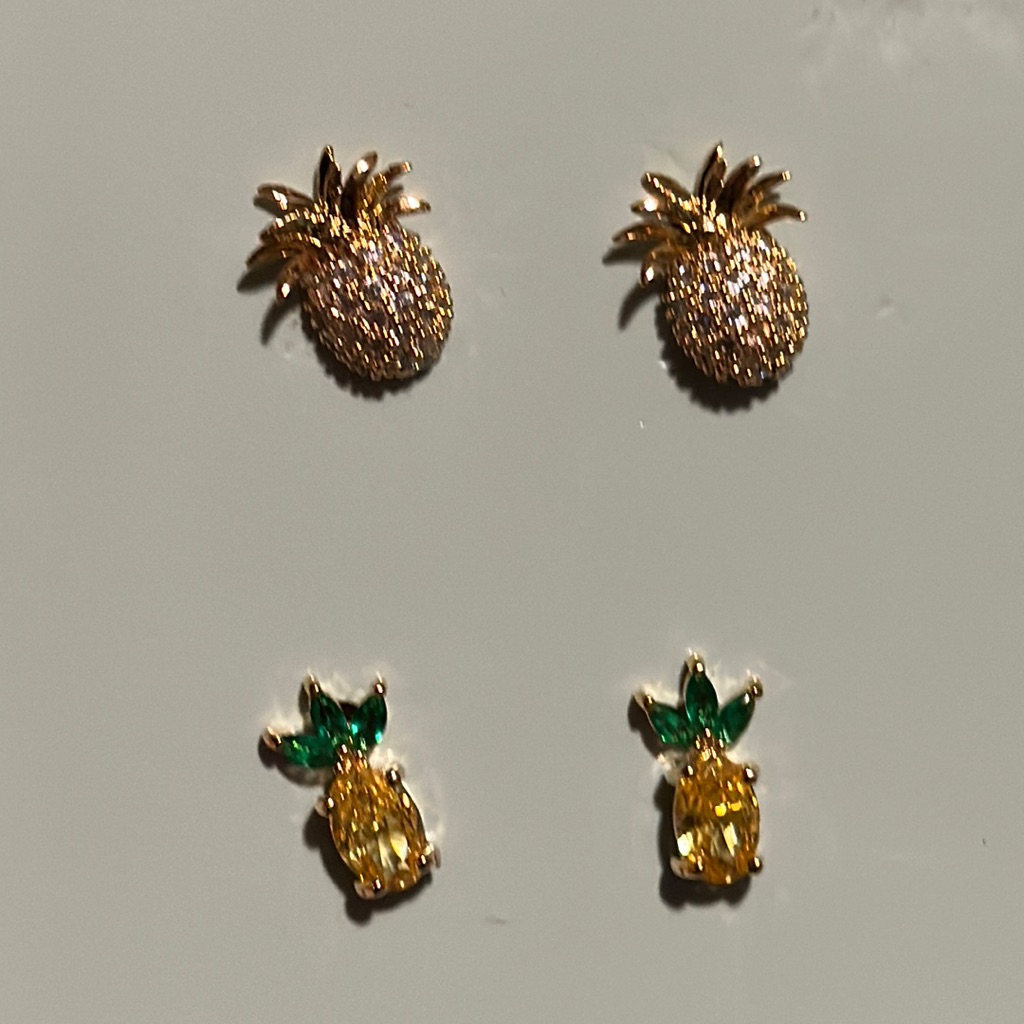 Nwt Two Sets Of Sparkly Gold-Tone Pineapple Post Earrings